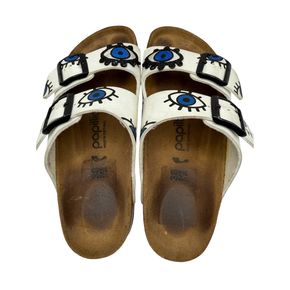 Papillio Birkenstock Arizona Platform Sandals Women 7 White Leather Evil Eye - Picture 8 of 11